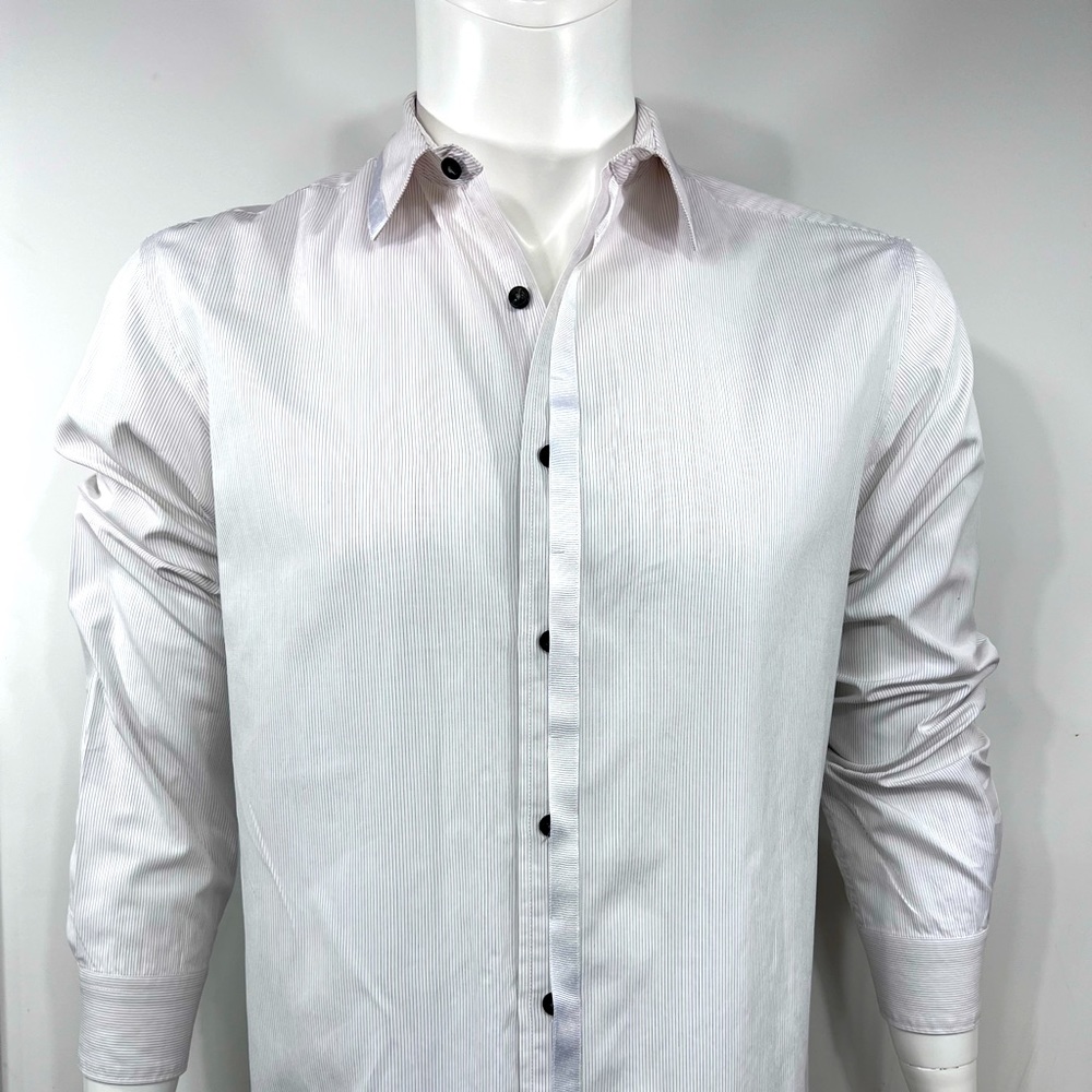 MATERIAL LONDON, 100% COTTON MENS LONG SLEEVES WHITE SHIRT WITH THIN STRIPES